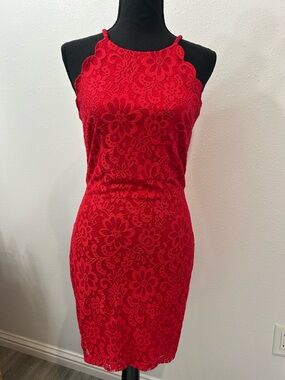 BCX Red Floral Lace High-Neck Mini Dress